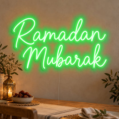 Ramadan Mubarak Neon Sign in green LED neon on clear acrylic, angled view