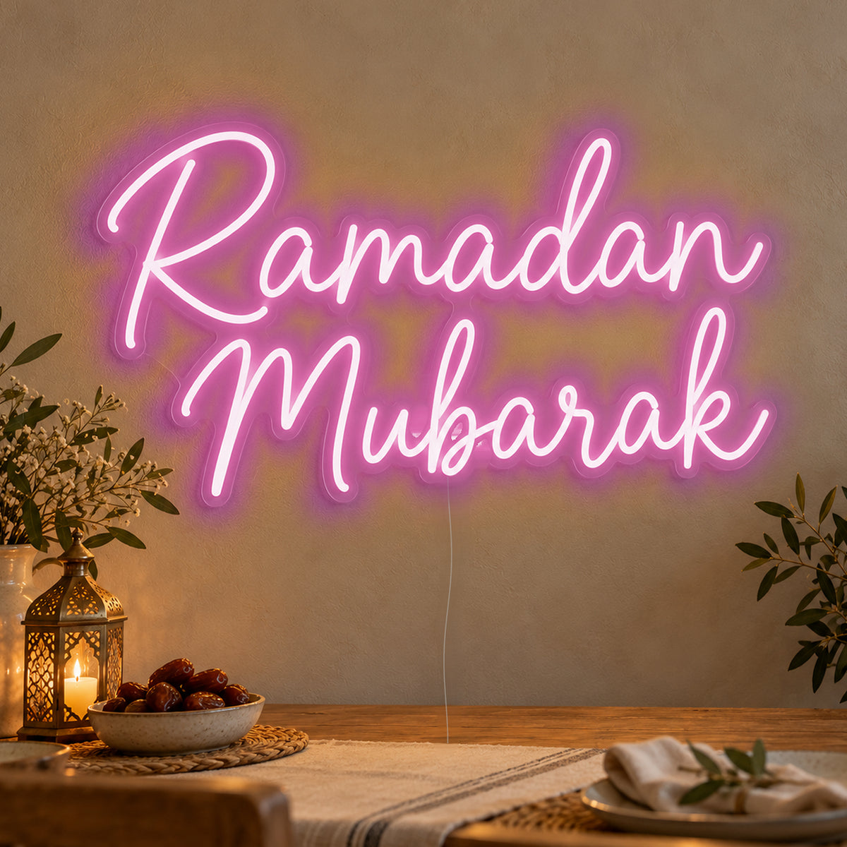 Ramadan Mubarak Neon Sign in pink LED neon on clear acrylic, angled view