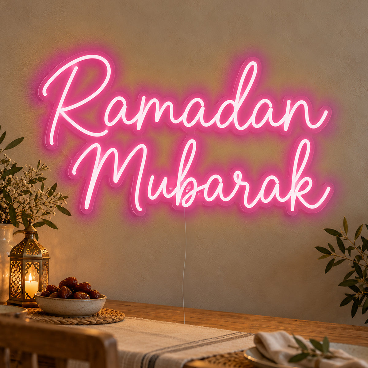 Ramadan Mubarak Neon Sign in rose red LED neon on clear acrylic, angled view