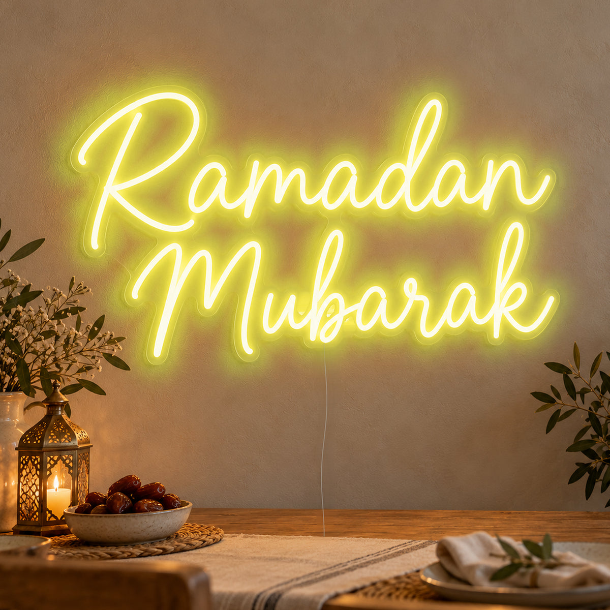 Ramadan Mubarak Neon Sign in yellow LED neon on clear acrylic, angled view
