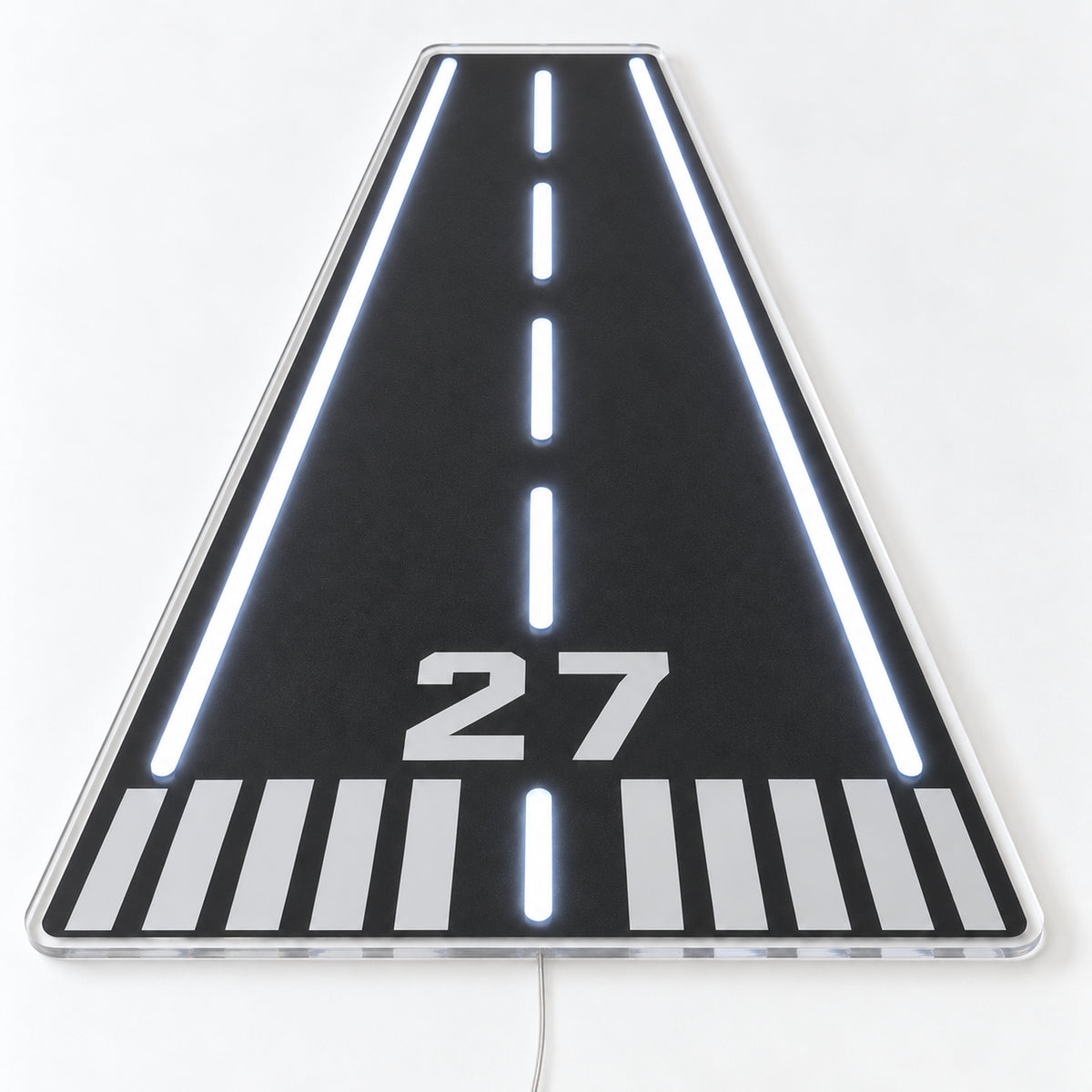 Runway 27 Neon Sign, featuring a perspective view of runway 27, on a single clear acrylic backing displayed on a white surface.