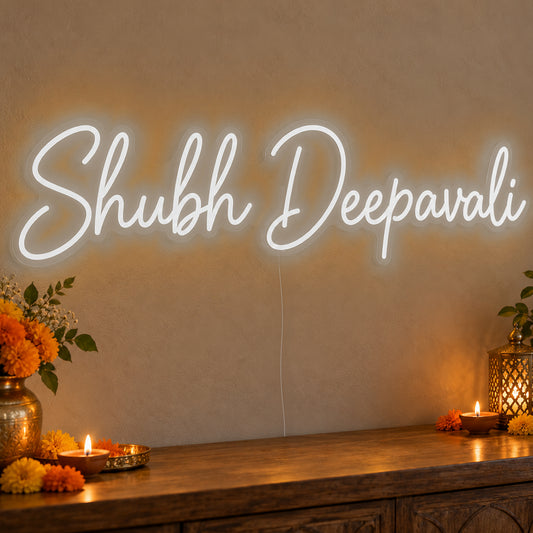 Shubh Deepavali Neon Sign in white LED neon on clear acrylic, angled view