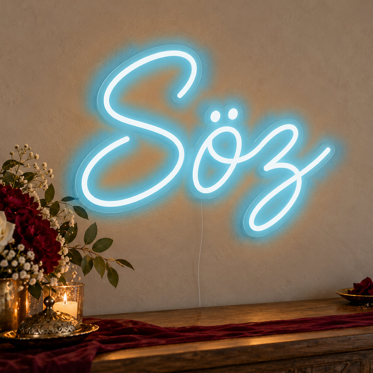 Söz Neon Sign in ice blue LED neon on clear acrylic, angled view