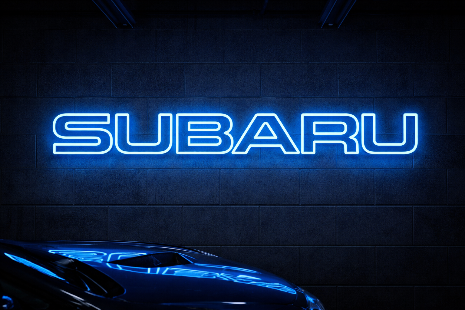 Subaru dark blue LED neon sign mounted on a garage wall above a blue car, glowing in bold blue light – automotive garage décor Australia.