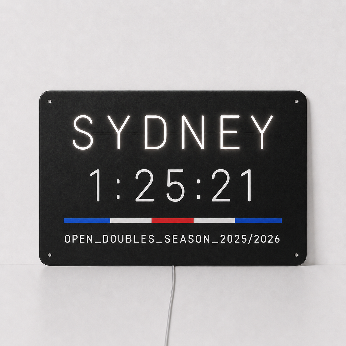 Custom hybrid race finish time LED neon sign shown with Sydney, a personalised finish time and a division and season line in white neon on black acrylic