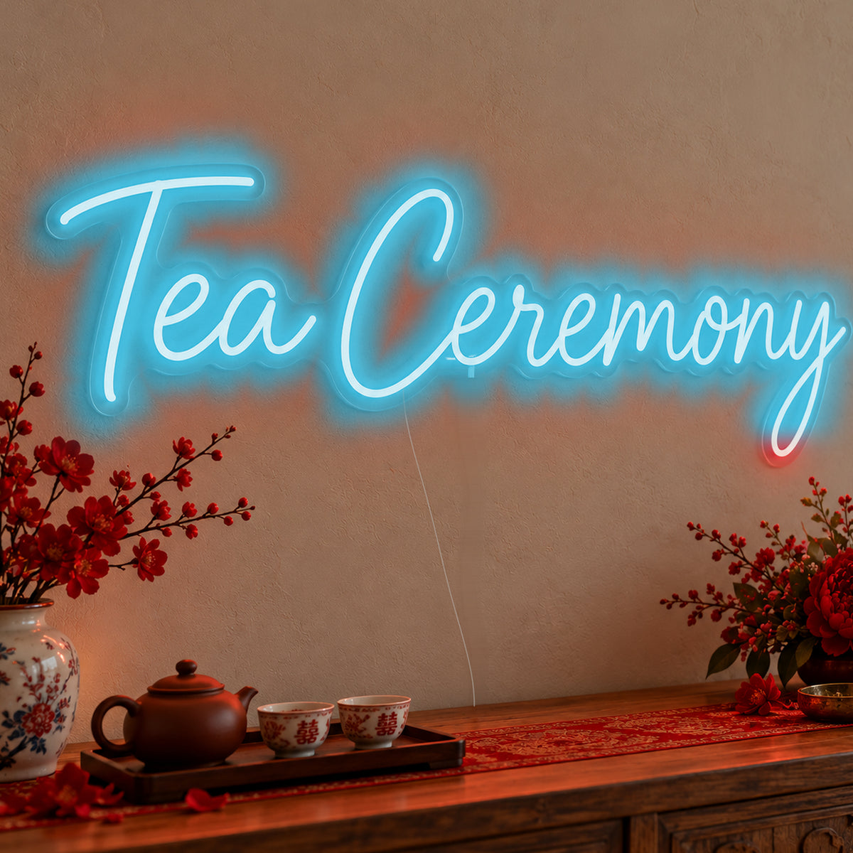 Tea Ceremony Neon Sign in ice blue LED neon on clear acrylic, angled view