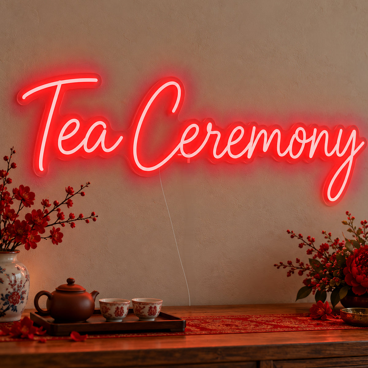 Tea Ceremony Neon Sign in red LED neon on clear acrylic, angled view
