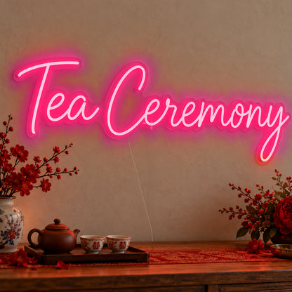 Tea Ceremony Neon Sign in rose red LED neon on clear acrylic, angled view