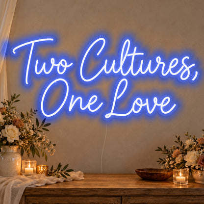 Two Cultures One Love Neon Sign in blue LED neon on clear acrylic, angled view