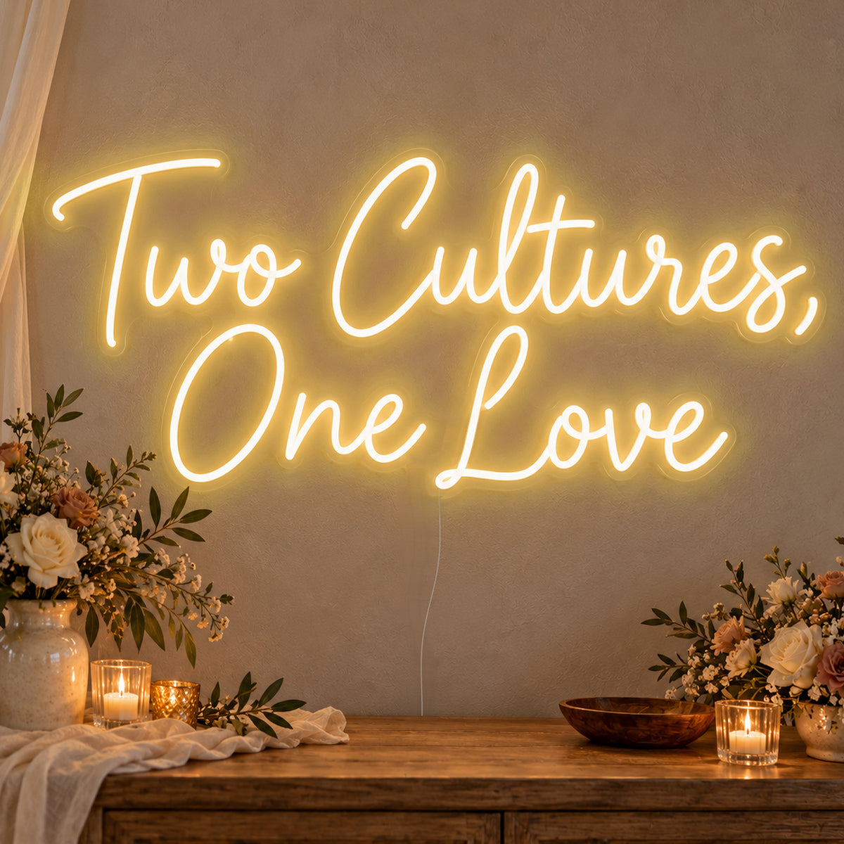 Two Cultures One Love Neon Sign in gold LED neon on clear acrylic, angled view