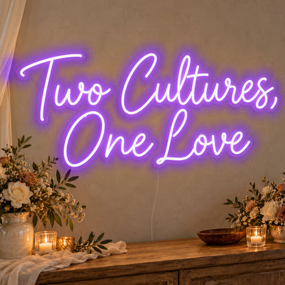 Two Cultures One Love Neon Sign in purple LED neon on clear acrylic, angled view