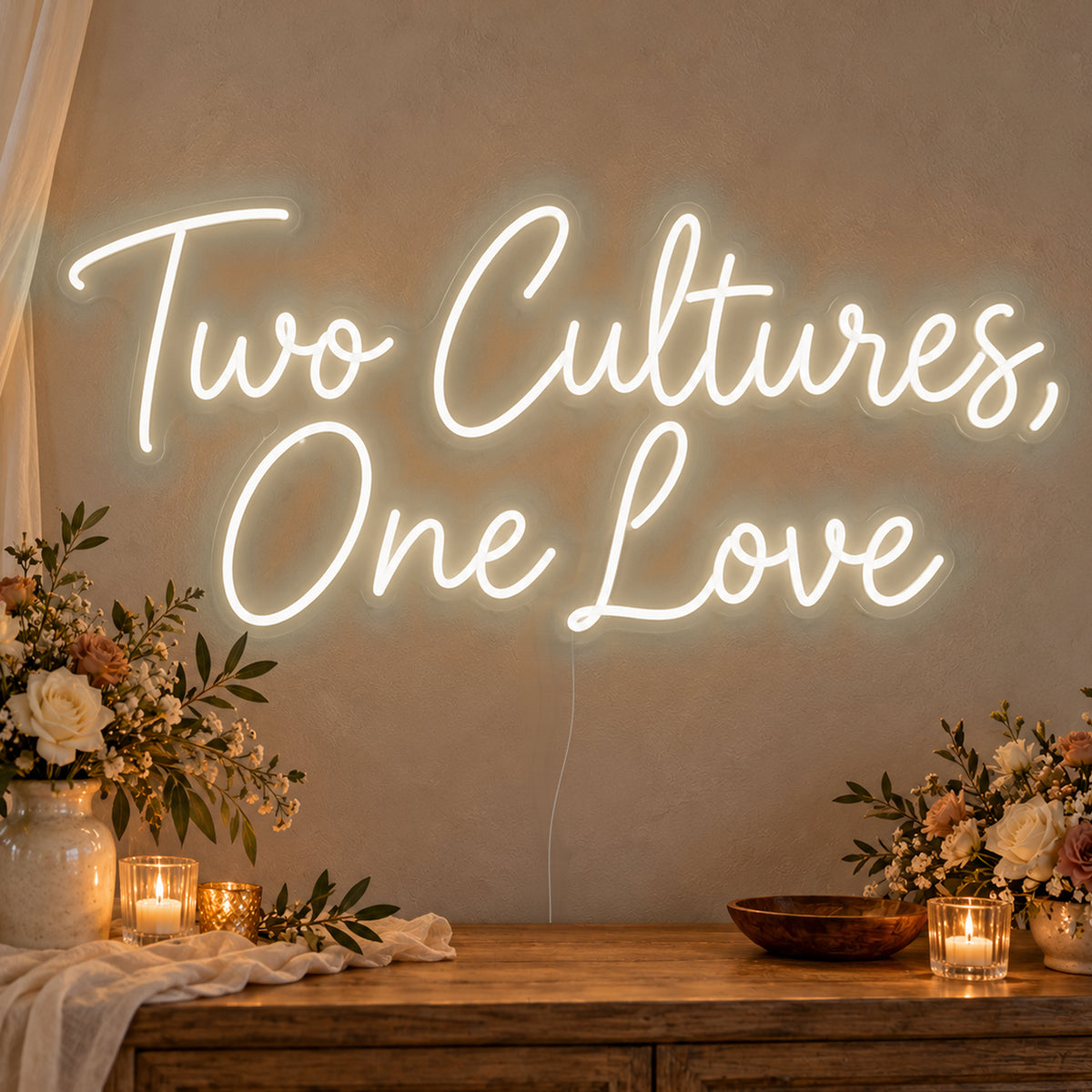 Two Cultures One Love Neon Sign in warm white LED neon on clear acrylic, angled view