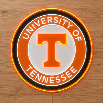 University of Tennessee circle logo LED neon sign lit against timber panelling