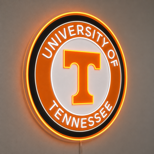University of Tennessee circle logo LED neon sign mounted on a grey wall