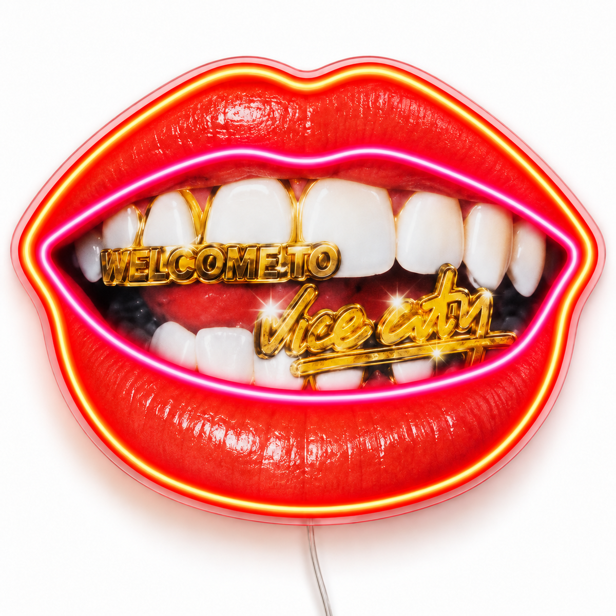 Welcome to Vice City Lips Neon Sign – Red lips and gold Welcome to Vice City grill artwork, outlined with orange and pink LED neon.