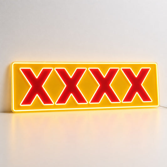 XXXX Beer Neon Sign with red XXXX lettering, illuminated outlines and yellow rectangular backing
