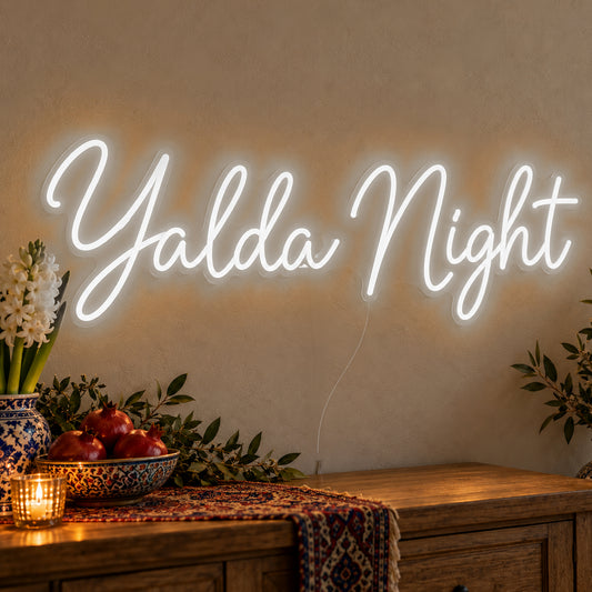Yalda Night Neon Sign in white LED neon on clear acrylic, angled view